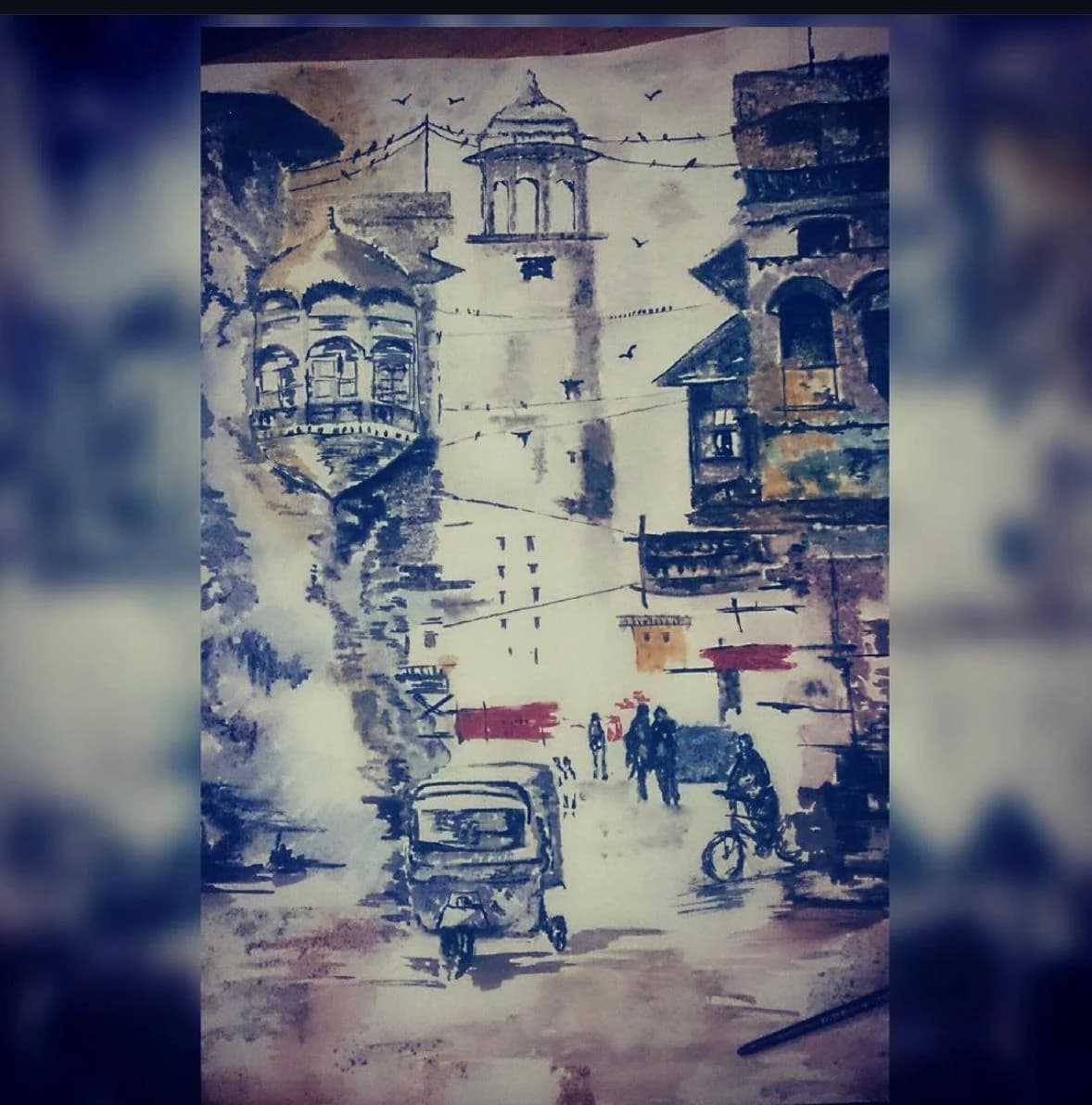 Blue-toned architectural illustration of a Lahore street