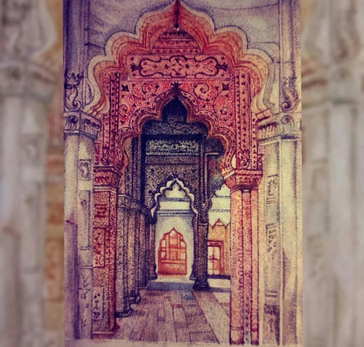 Layered painting of an ornate gateway