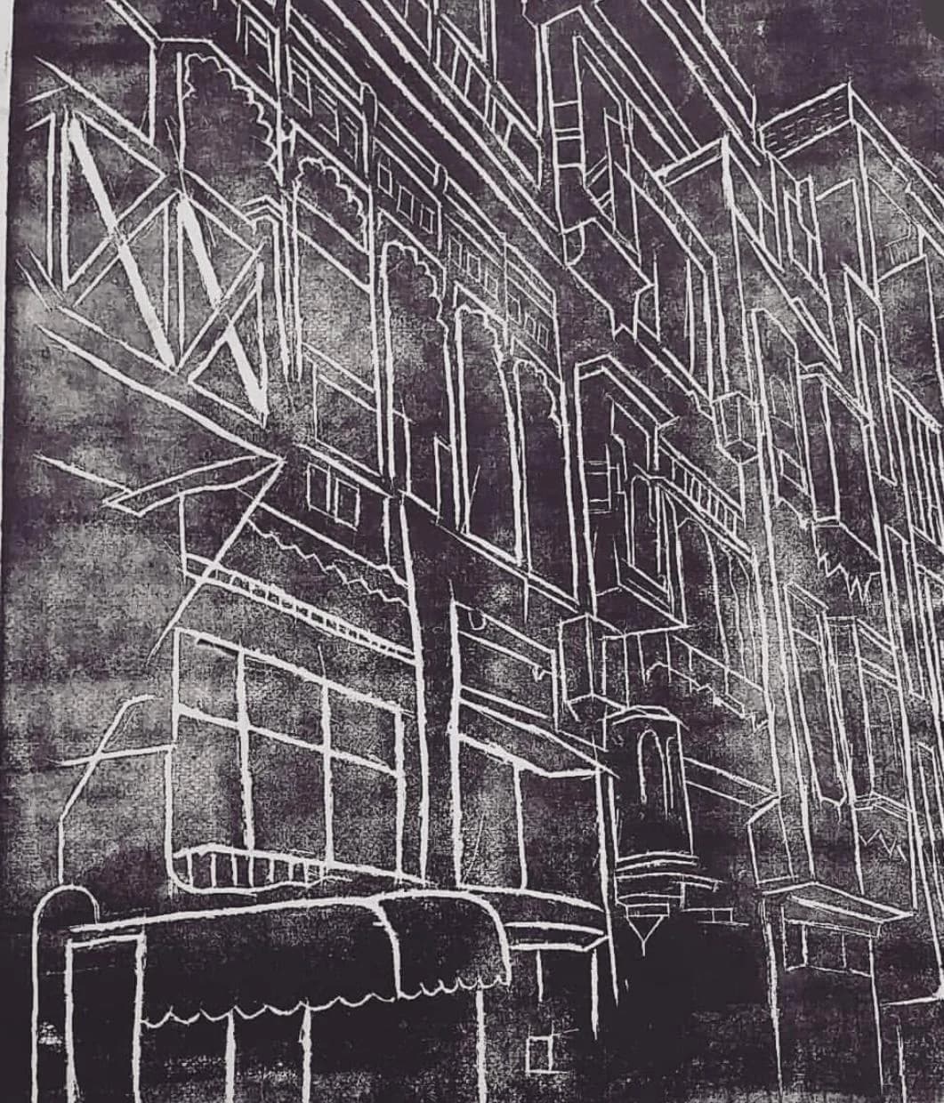 White architectural line drawing on a dark ground